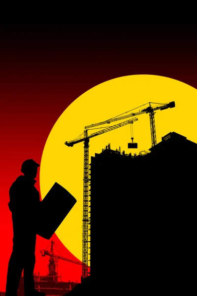 Illustratie van silhouetten van gebouwen en werkt, constructio n van een huis bij nacht, silhouetten van werknemers — Stockfoto