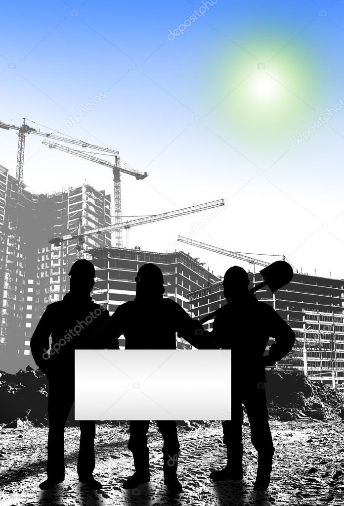 Work on building objects, silhouettes of workers