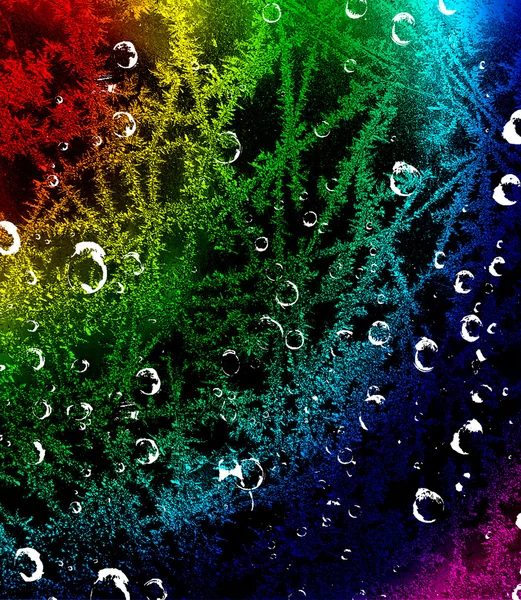 Multicolore motif givré brillant avec des gouttes d'eau sur un fond noir — Photo
