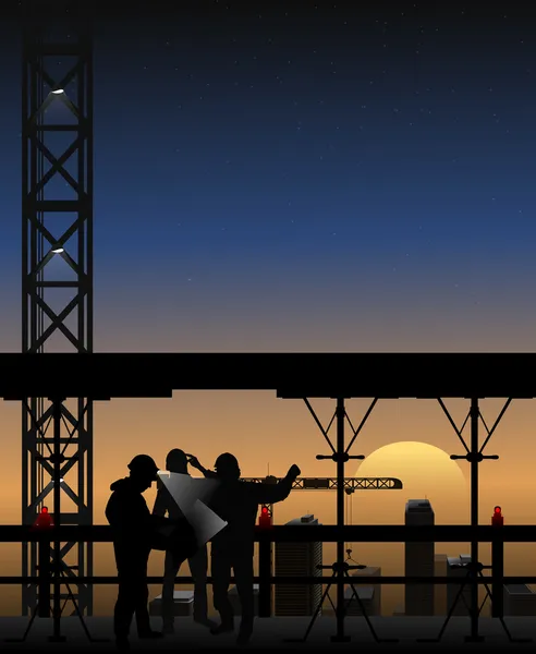 Silhouettes of builders discussing the project, work at night — Stock Photo, Image
