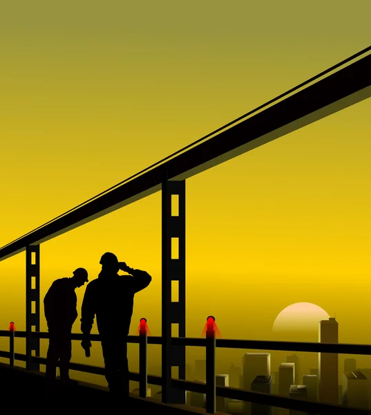 Silhouettes of builders on a background of city — Stock Photo, Image