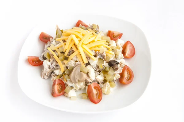 Gemischter Salat mit Champignons, Käse, Tomaten — Stockfoto