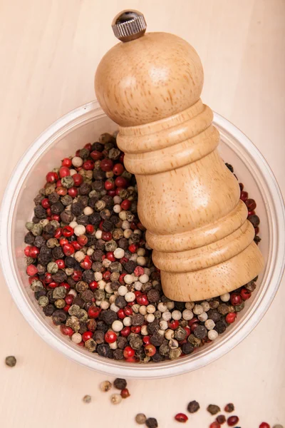 Different peppercorn in bowl with pepper mill — Stock Photo, Image