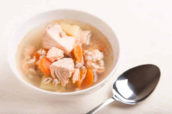 Fish soup with salmon and orge perle — Stock Photo, Image