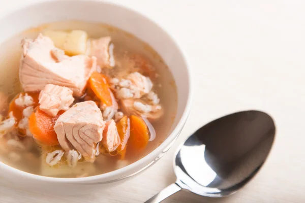 Fish soup with salmon and orge perle — Stock Photo, Image