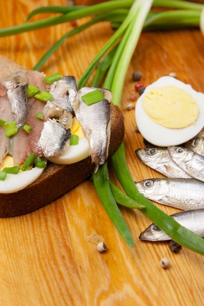 Sándwich de anchoas saladas con huevo y cebolla de primavera —  Fotos de Stock