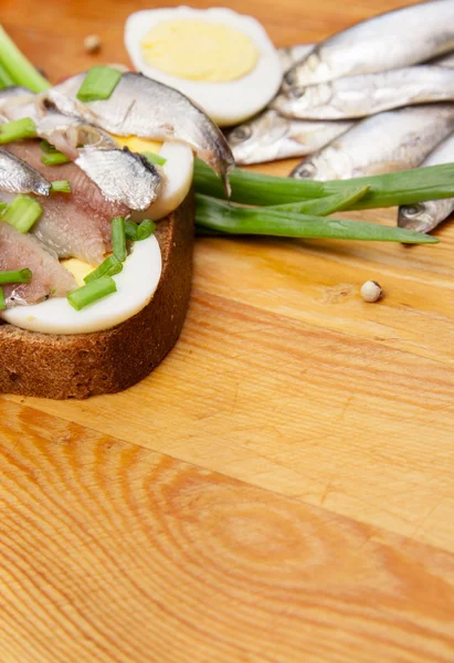 Sandwich from salted anchovies with egg and spring onion — Stock Photo, Image