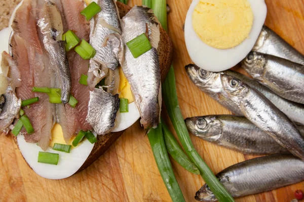 Roti lapis dari ikan teri asin dengan telur dan bawang musim semi — Stok Foto
