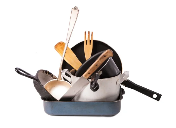 Heap of kitchen bakeware with pan and pot — Stock Photo, Image