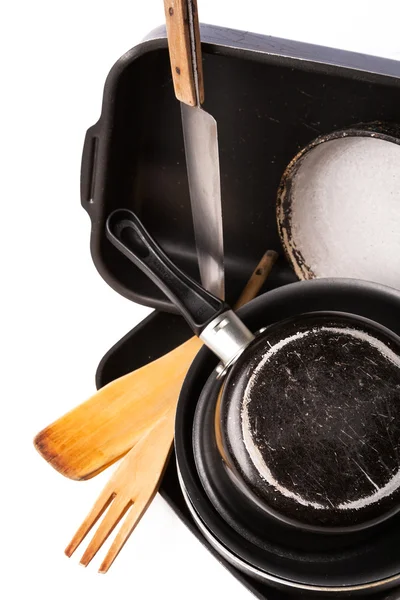 Heap of kitchen bakeware with pan and pot — Stock Photo, Image