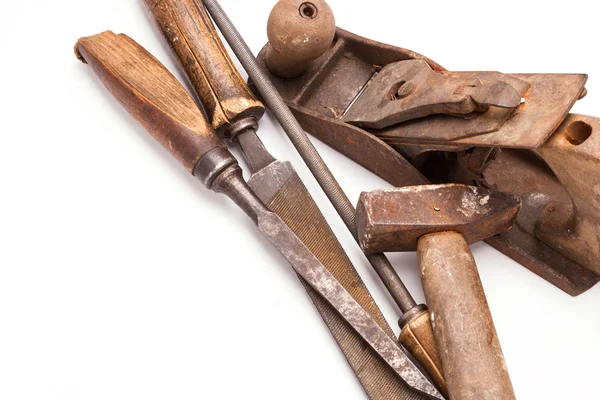 Old metal work hand tools with rust on white Royalty Free Stock Images