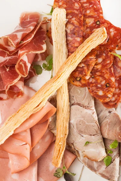 Close-up snack from mixed meat and sausage — Stock Photo, Image