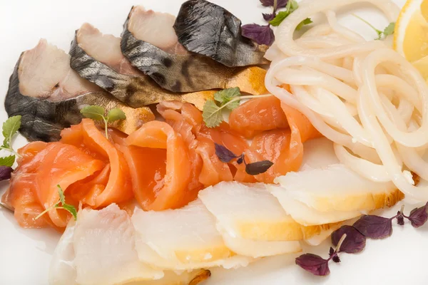 Close-up snack made dish from slice fish — Stock Photo, Image