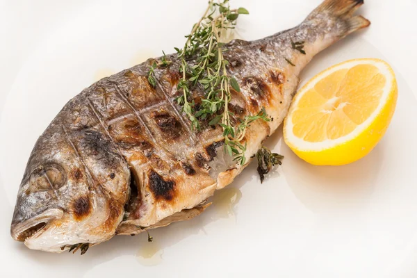 Primo piano piatto caldo dorado alla griglia con limone — Foto Stock