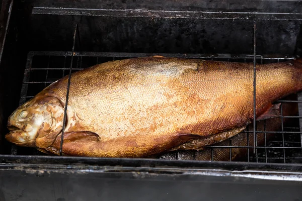 Caseiro dourado fumado salmão na grade no acampamento fumando galpão — Fotografia de Stock