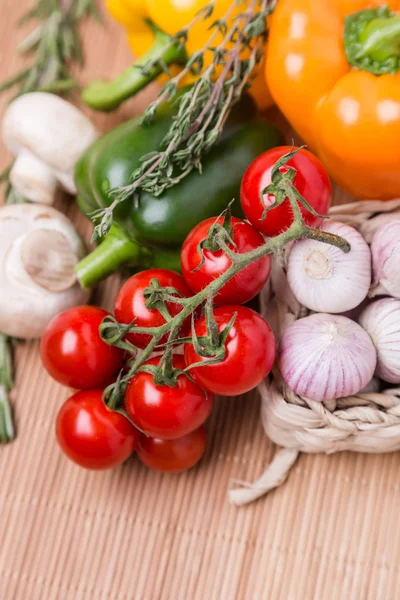 Group fresh colored vegetables on wooden — Stock Photo, Image