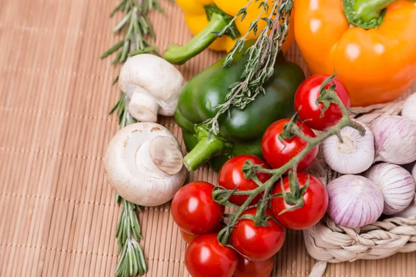 Group fresh colored vegetables on wooden — Stock Photo, Image