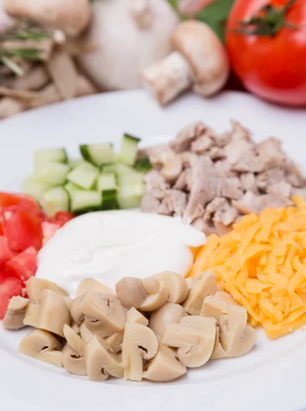 Sałatka z pokrojone warzywa, mięso i biały z dekoracji o — Zdjęcie stockowe
