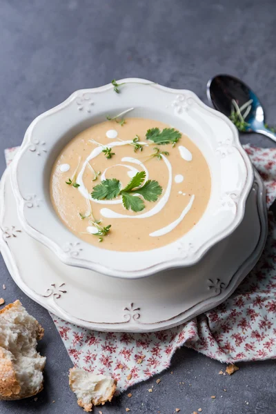 White plate with soup-puree and crushed bread on dark — Stock Photo, Image