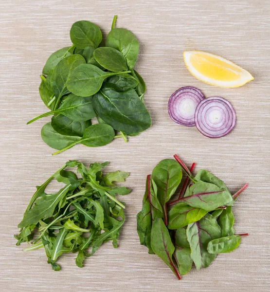 Ingredients for fresh salad from leafs of beet, spinach — Stock Photo, Image