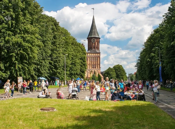 Beaucoup de gens marchent dans un parc de la ville le jour de l'été — Photo