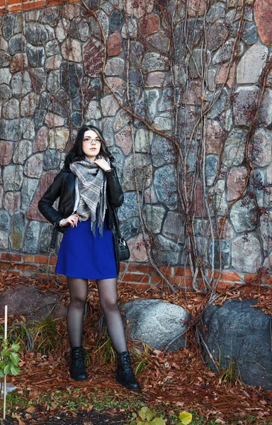 若いですブルネット女の子で黒ジャケットと青のドレス立って近くに古い石の城の壁秋の日 — ストック写真