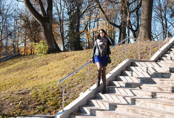 Jovem Morena Menina Jaqueta Preta Vestido Azul Fica Escadas Parque — Fotografia de Stock