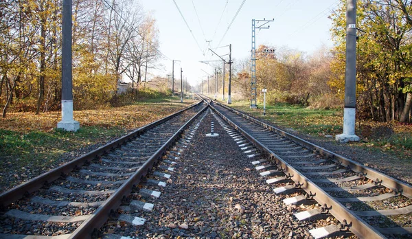 Carris Ferroviários Que Estendem Distância Dia Outono — Fotografia de Stock