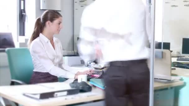 Jovens profissionais da moda atraentes no trabalho em escritório ocupado — Vídeo de Stock