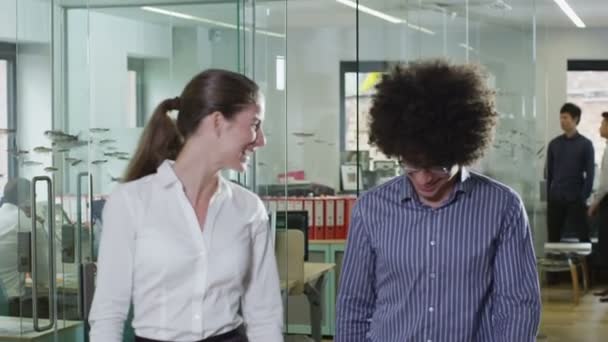 Retrato de feliz joven hombre y mujer de negocios profesional en una oficina contemporánea — Vídeos de Stock