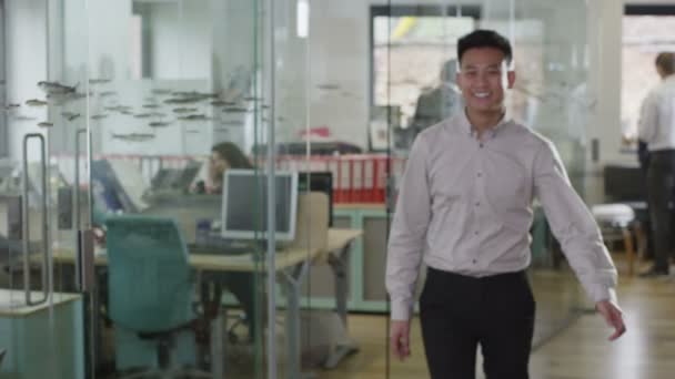現代的なオフィスにファッショナブルな若いプロ男の肖像 — ストック動画
