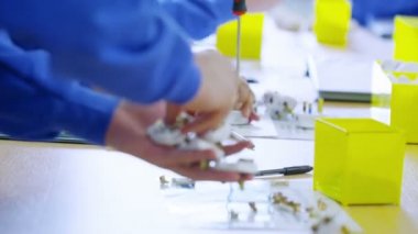 ekip erkek işçiler fabrikada elektrik armatürleri montajı