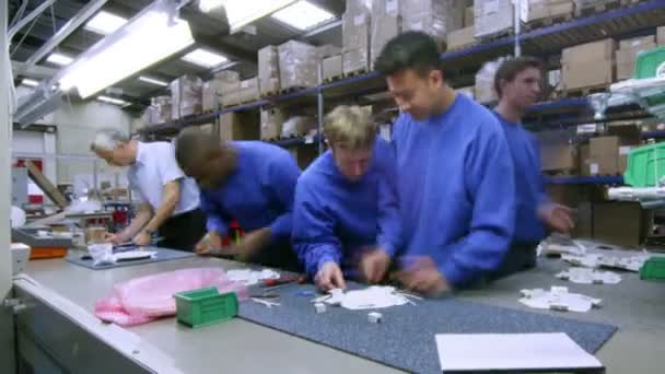 Рабочие на сборочной линии, производящие компоненты освещения — стоковое видео