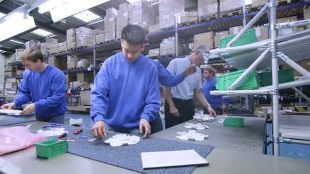 Equipe de fábrica masculina de etnia mista trabalhando em conjunto em uma linha de montagem — Vídeo de Stock