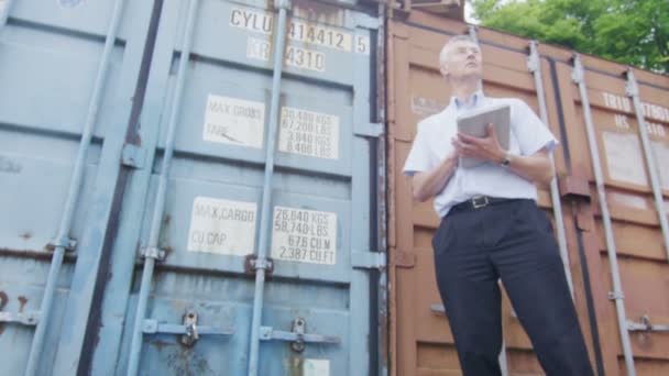 Businessman with digital tablet checking containers for shipping — Stock Video
