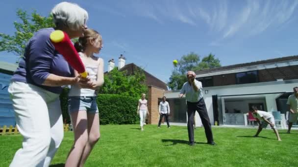 Familia y amigos de muchas generaciones practicando deportes en el jardín en un día soleado — Vídeo de stock