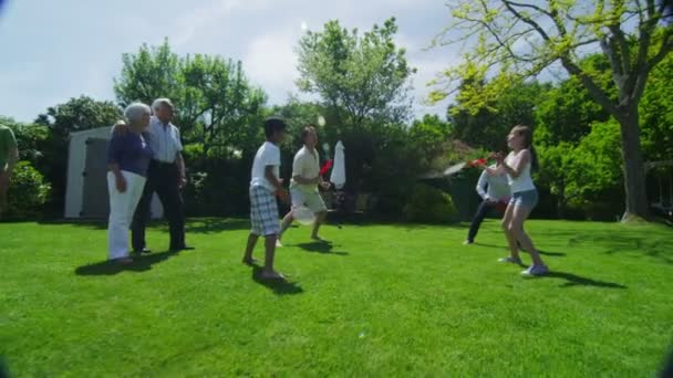Famille et amis de nombreuses générations faisant du sport dans le jardin par une journée ensoleillée — Video