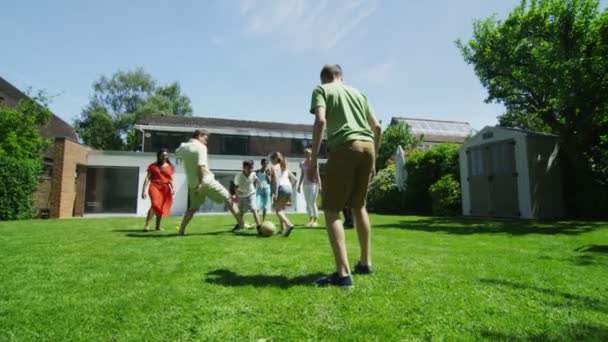 Familia y amigos de muchas generaciones practicando deportes en el jardín en un día soleado — Vídeo de stock