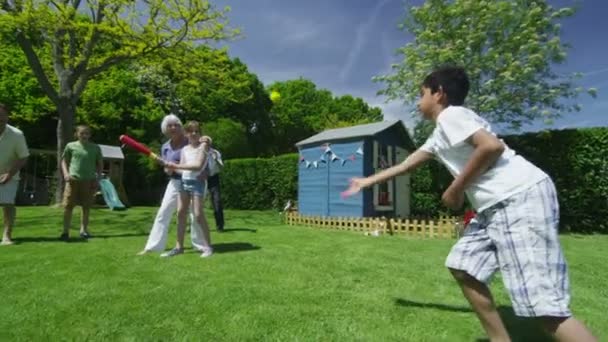 Familia y amigos de muchas generaciones practicando deportes en el jardín en un día soleado — Vídeos de Stock