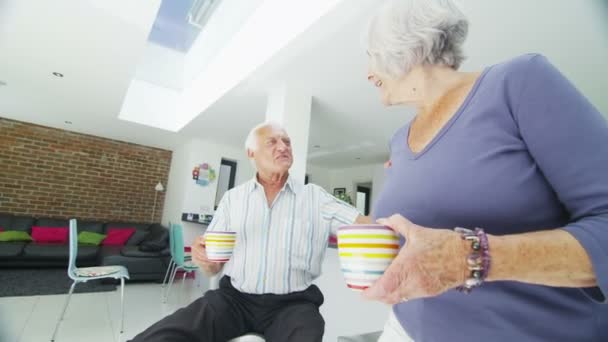 Romántica pareja de ancianos abrazar y mirar hacia el jardín de su casa moderna — Vídeo de stock