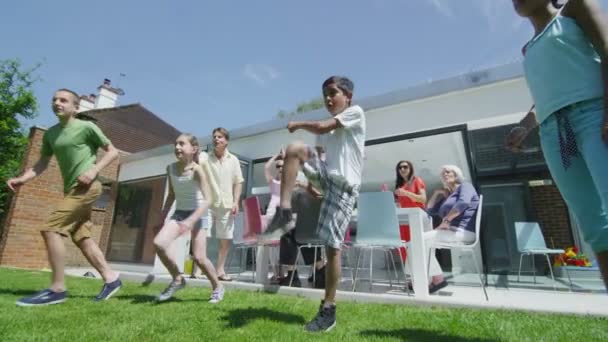 Familia y amigos de muchas generaciones disfrutan del tiempo en el jardín en un día de verano — Vídeos de Stock