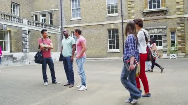 Студенты и преподаватели крутятся возле университетов — стоковое видео