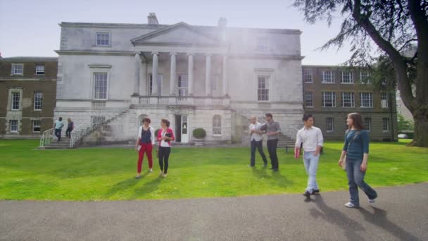 Studenten mit gemischter ethnischer Zugehörigkeit laufen durch die Universität — Stockvideo
