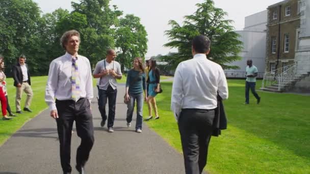 Estudiantes de etnia mixta caminan por el campus — Vídeo de stock