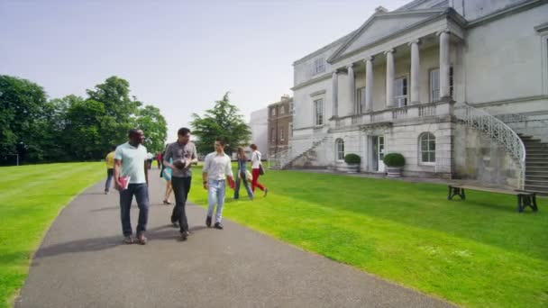 Estudantes de etnia mista caminham pela universidade — Vídeo de Stock