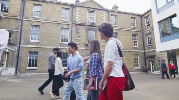 Students and teachers milling around outside university — Stock Video