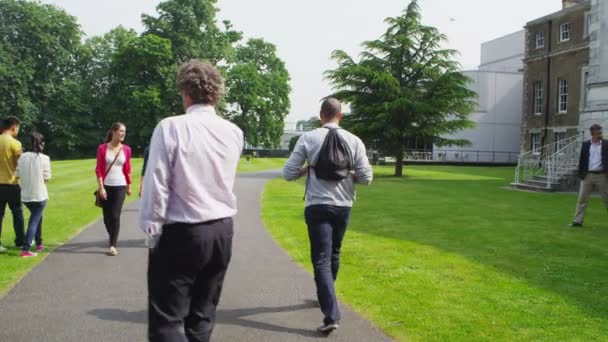 Estudiantes de etnia mixta caminan por el campus — Vídeos de Stock