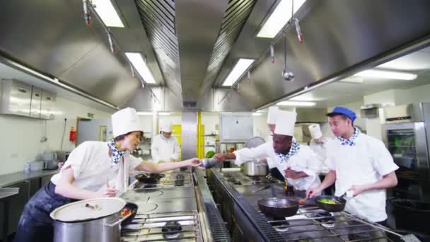 Chefs preparando y cocinando alimentos — Vídeo de stock