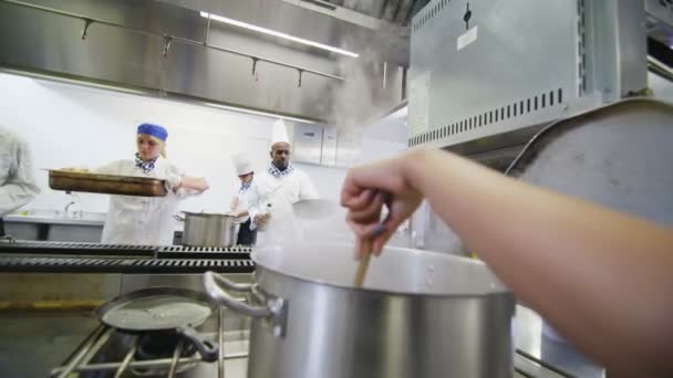 Chef-koks bereiden en serveren van voedsel — Stockvideo