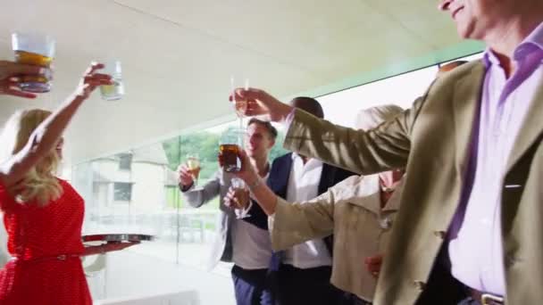 Разнообразная группа друзей поднимает бокалы для тоста — стоковое видео